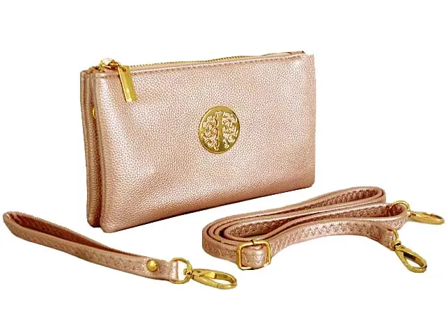 SMALL MULTI-COMPARTMENT CROSS-BODY PURSE BAG WITH WRIST AND LONG STRAPS - METALLIC PINK