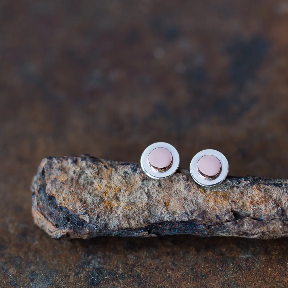 Sterling Silver and Copper Stud Earrings, Small Round Layered Disc