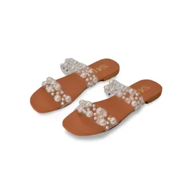 Stylish Pearl Sandal Double Strap Flat Slides for Women -1004