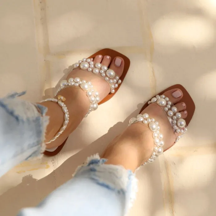 Stylish Pearl Sandal Double Strap Flat Slides for Women -1004