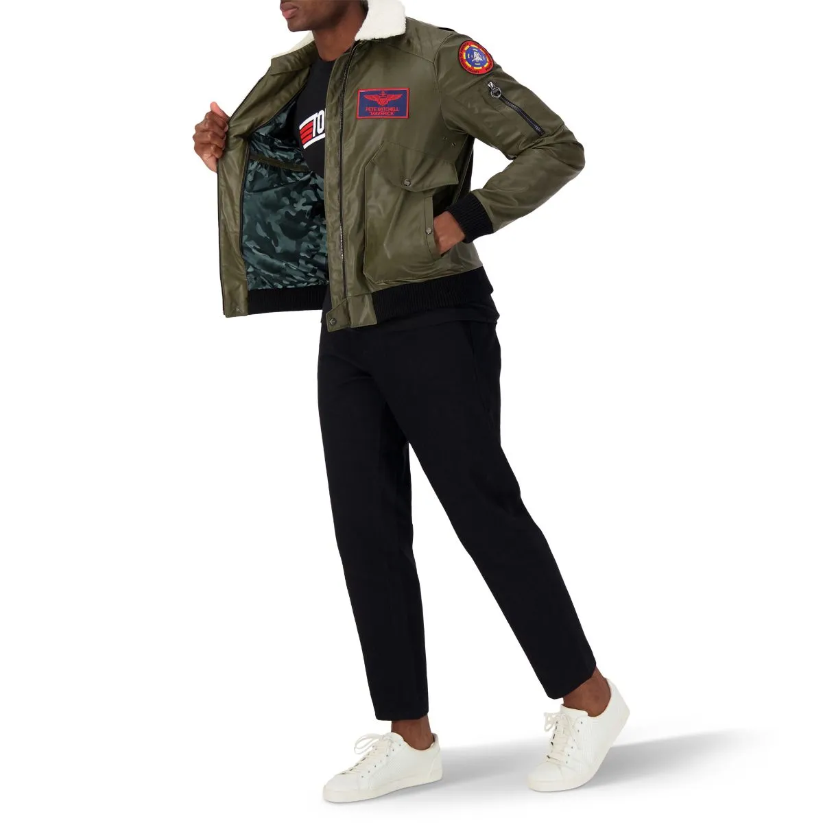 TOP GUN Unisex Vegan Leather Bomber Jacket - MILITARY GREEN