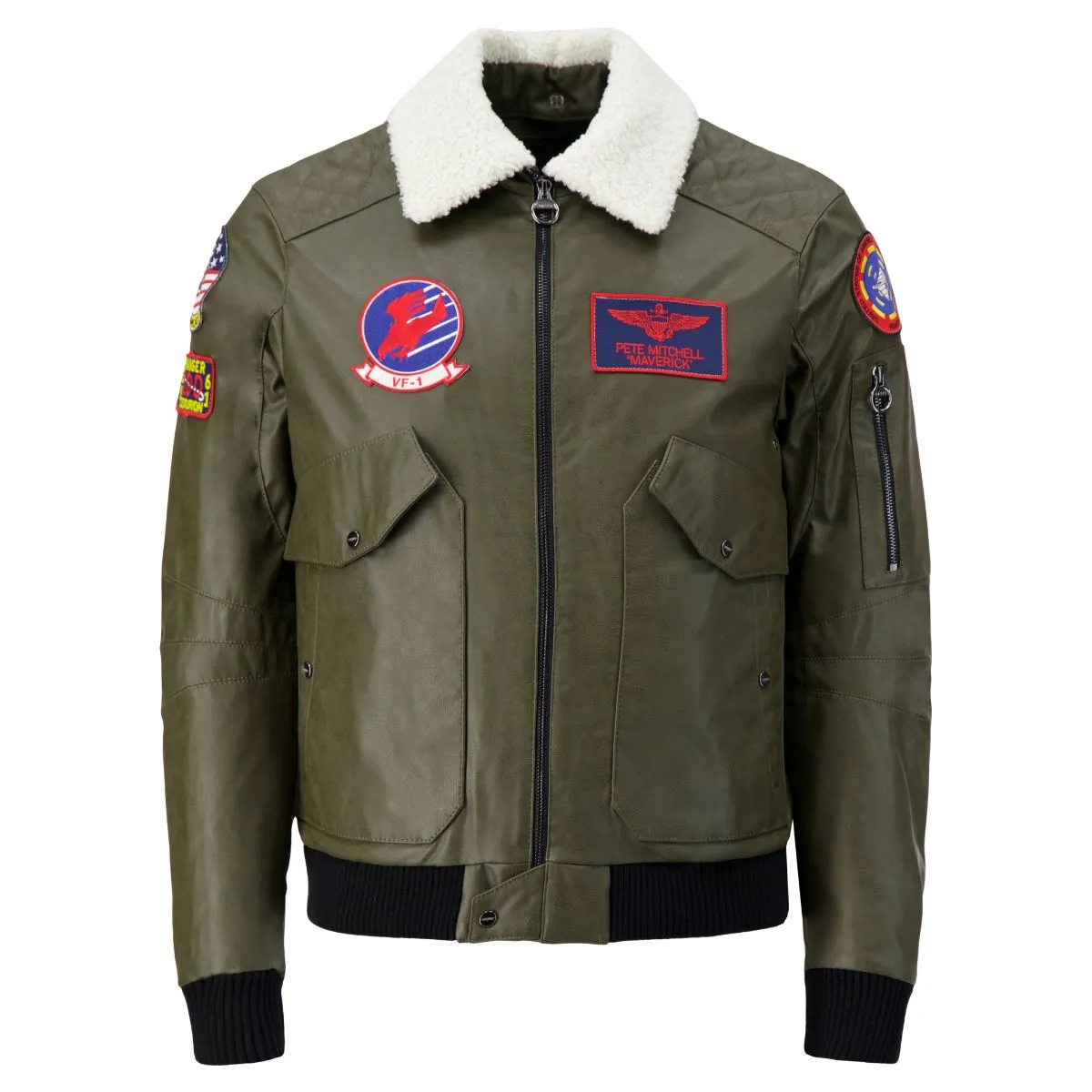 TOP GUN Unisex Vegan Leather Bomber Jacket - MILITARY GREEN