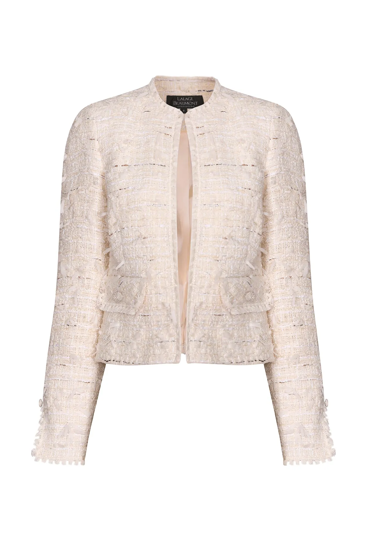 Tweed Short Jacket with Fringe Edges in Cream - Carrie