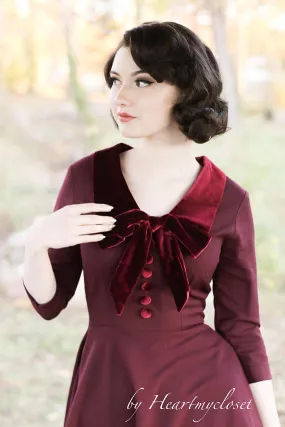 velvet trim burgundy dress - vintage inspired 50s