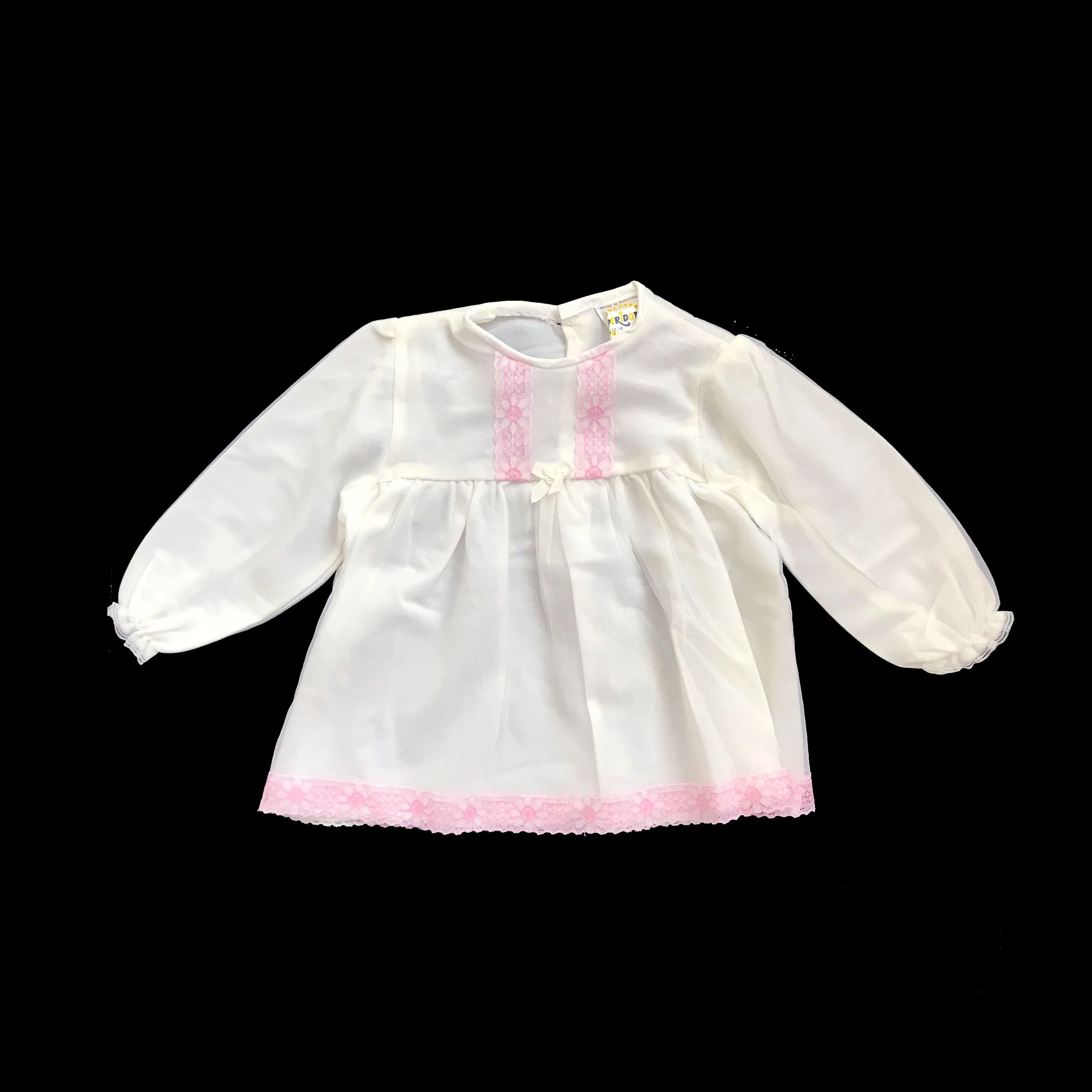 Vintage 60's White/Pink Sheer / Ruffle  Dress Made in Britain NOS 6-9M