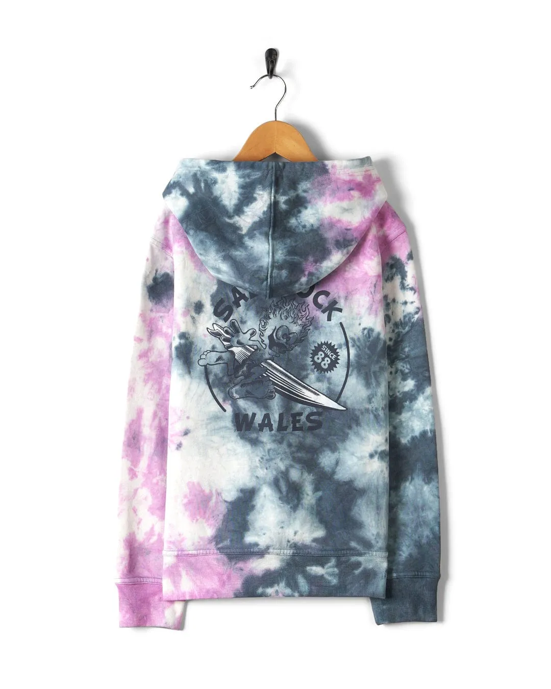 Wave Rider Wales - Kids Tie Dye Pop Hoodie - Pink/Grey