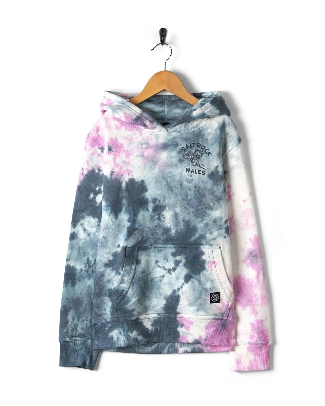 Wave Rider Wales - Kids Tie Dye Pop Hoodie - Pink/Grey