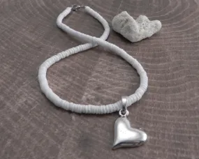 White Pukka Necklace with Puff Heart