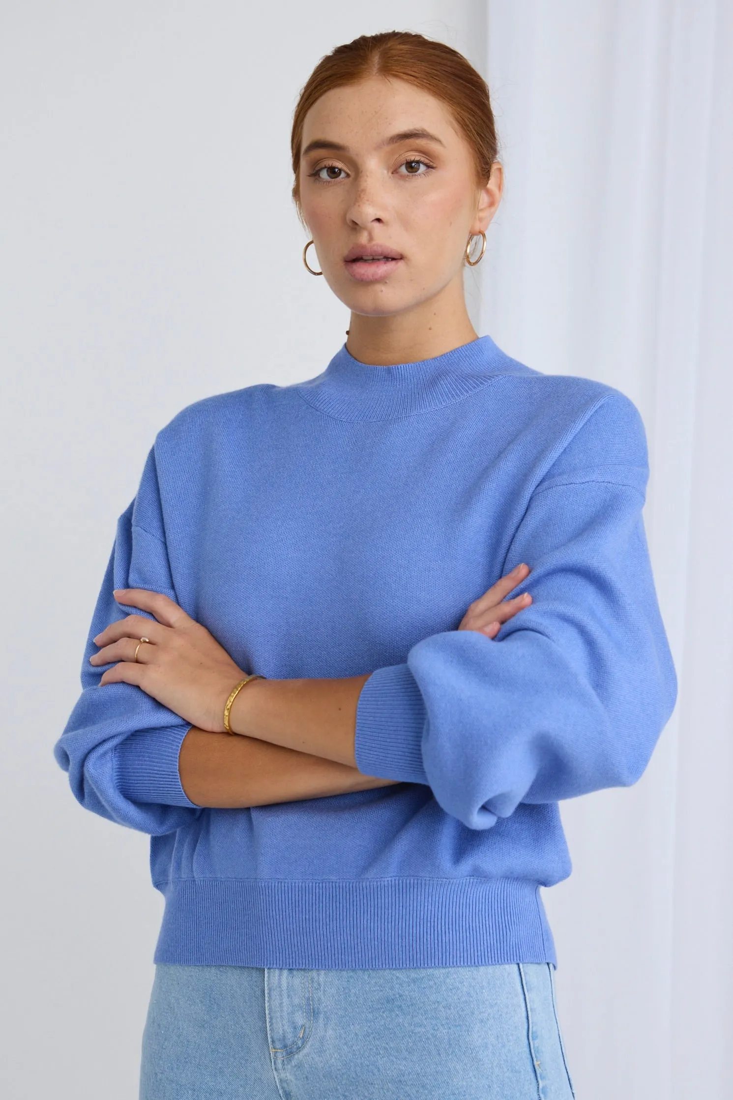 Wish French Blue Funnel Neck Fine Knit Jumper