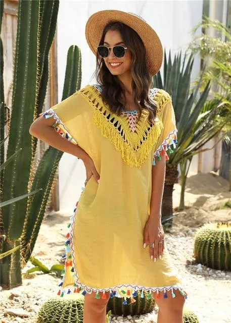 Woman Yellow Beach Cover Up Dress Fringe Tunic Beachwear