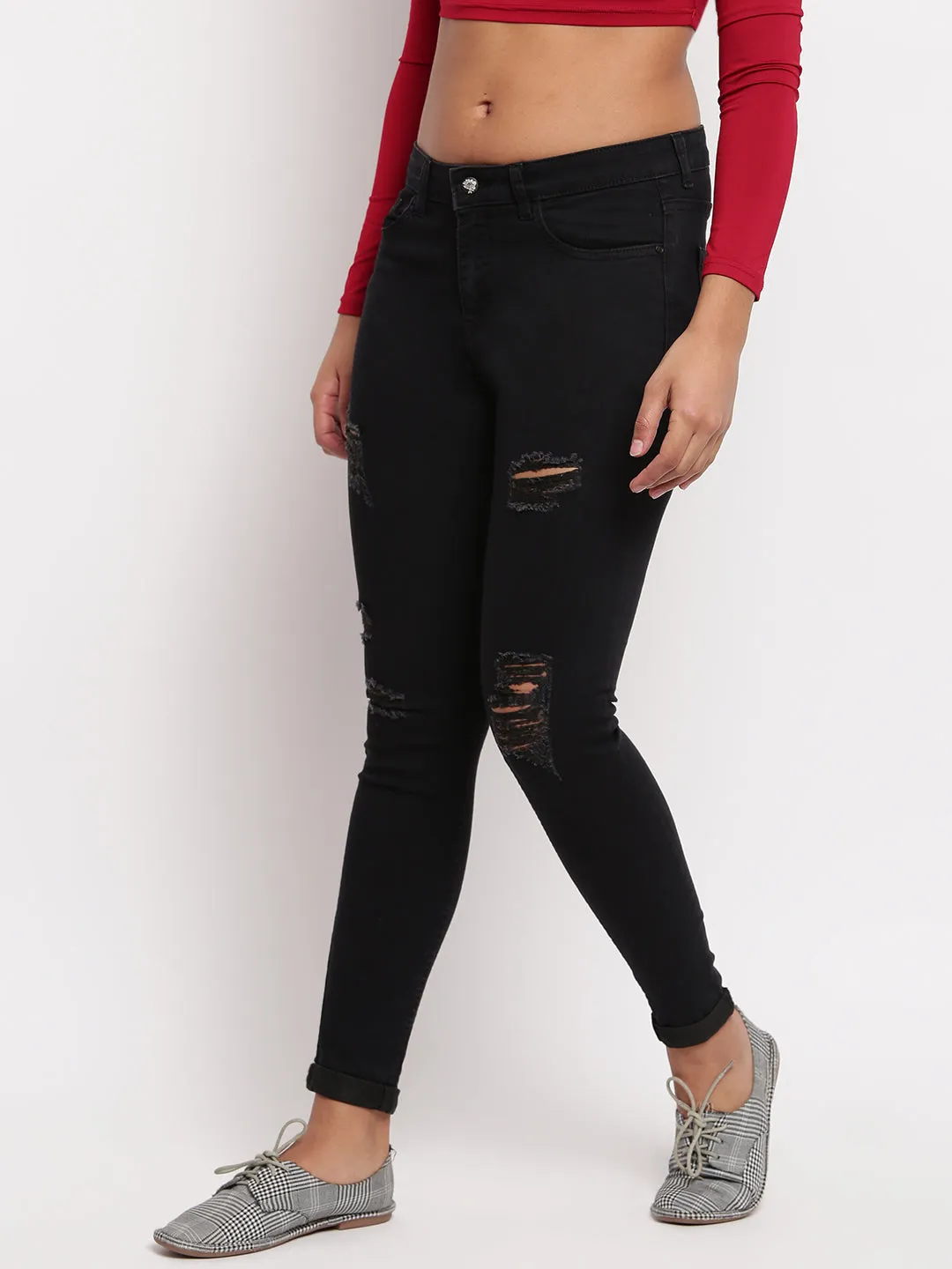 Women Black Mid Waist Skinny Fit Distressed Denim Jeans