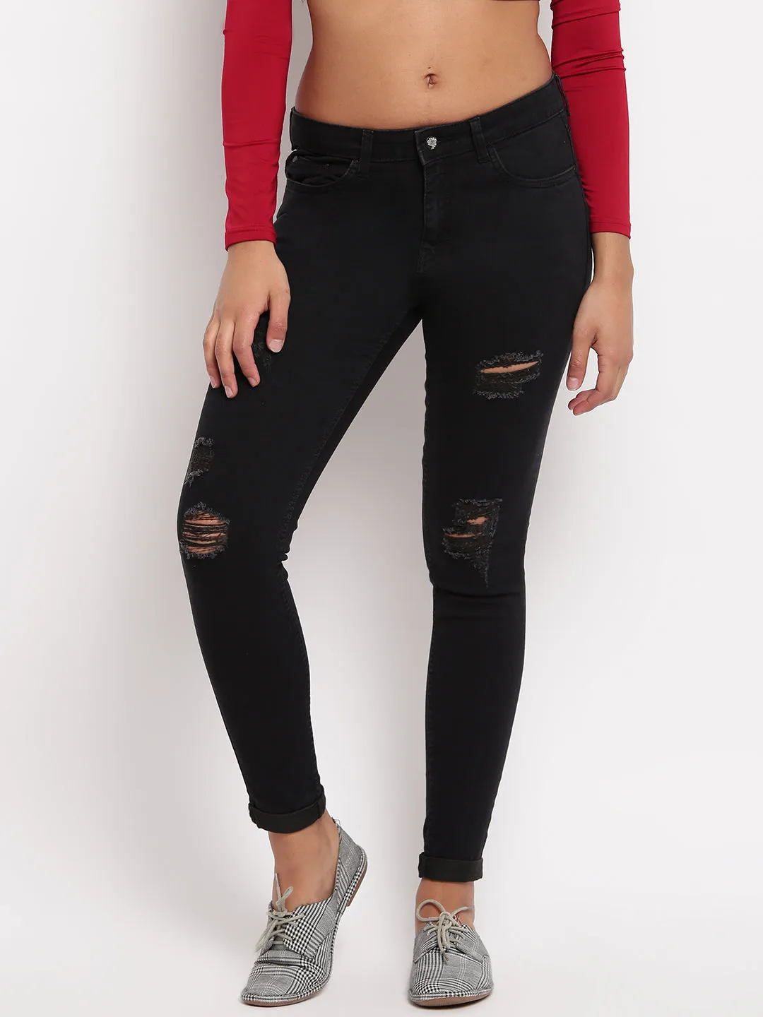 Women Black Mid Waist Skinny Fit Distressed Denim Jeans