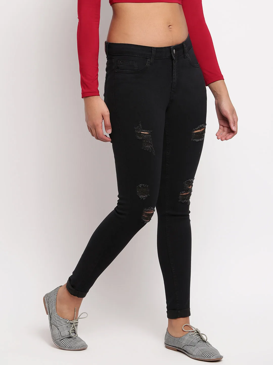 Women Black Mid Waist Skinny Fit Distressed Denim Jeans