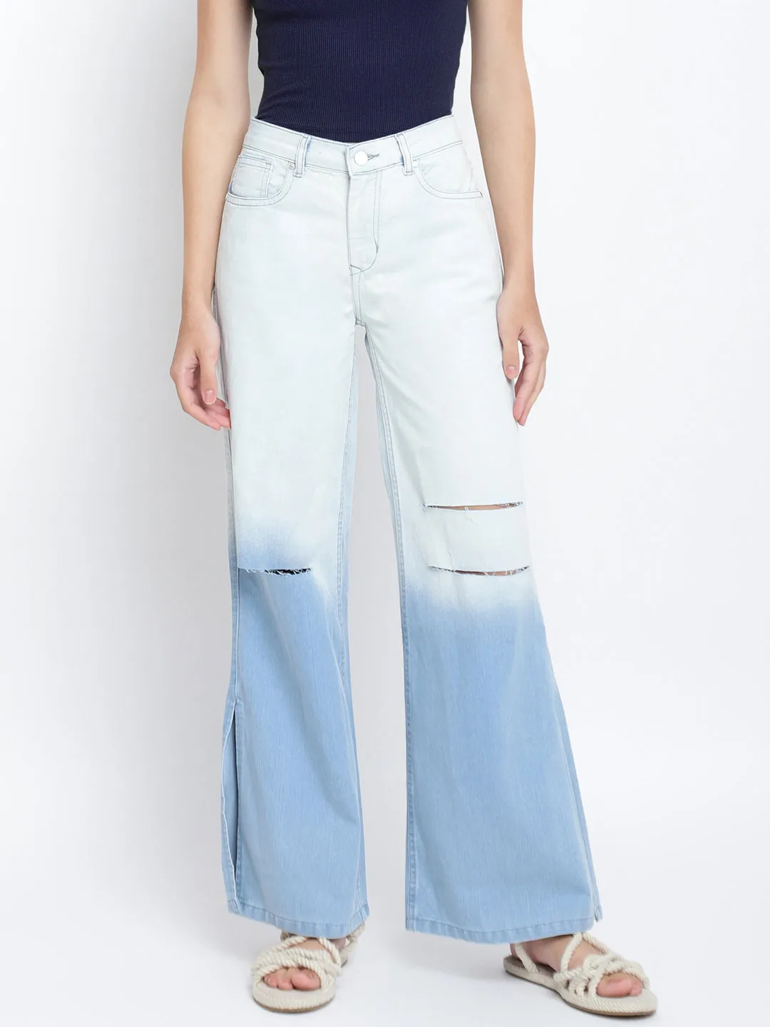 Women Blue Distressed Flared Jeans