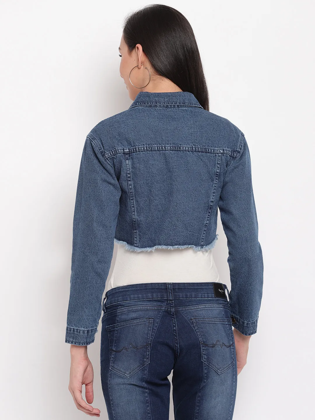 Women Dark Blue Fray Hem Cropped Denim Jacket