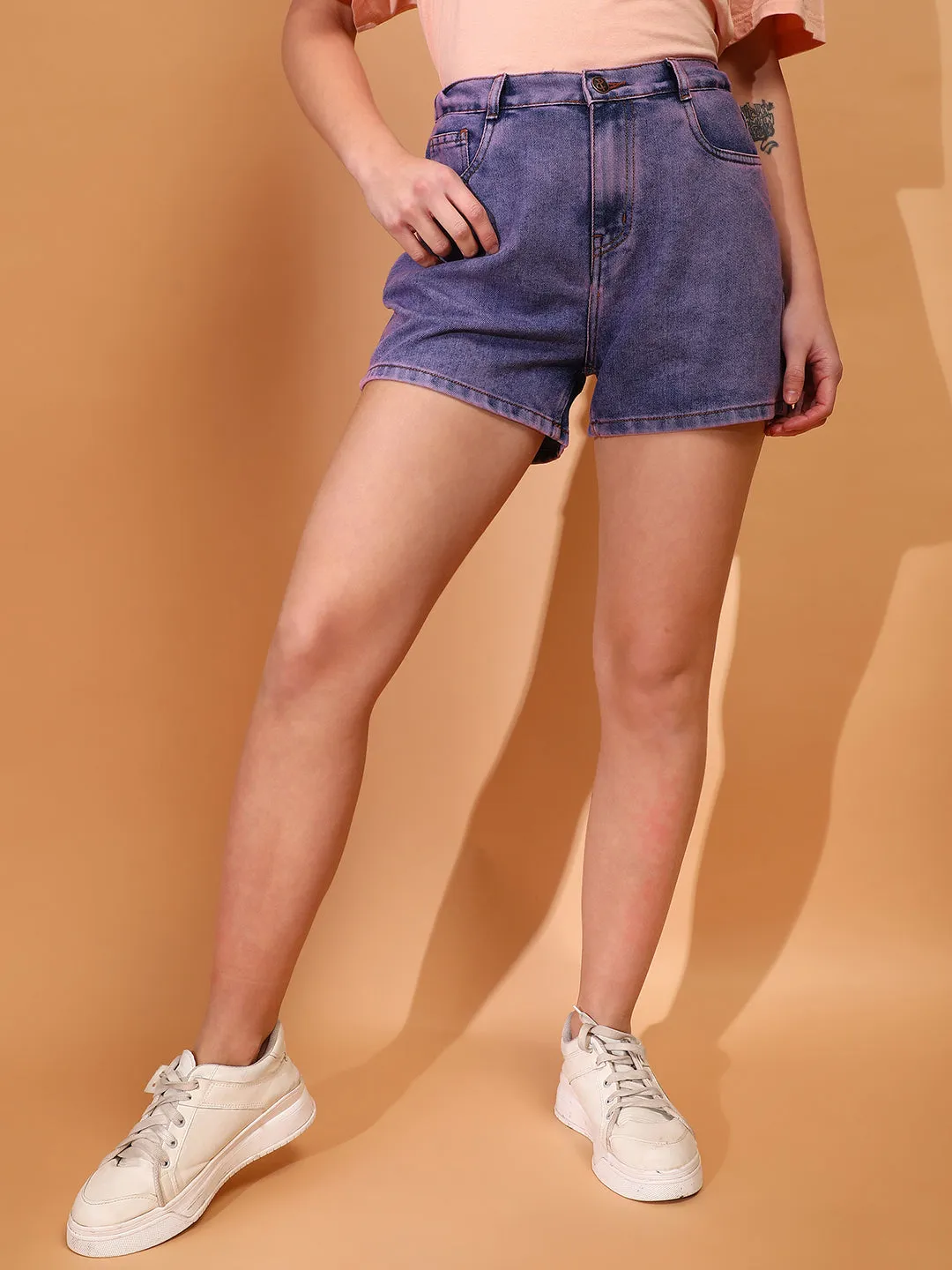 Women Denim solid Purple Shorts